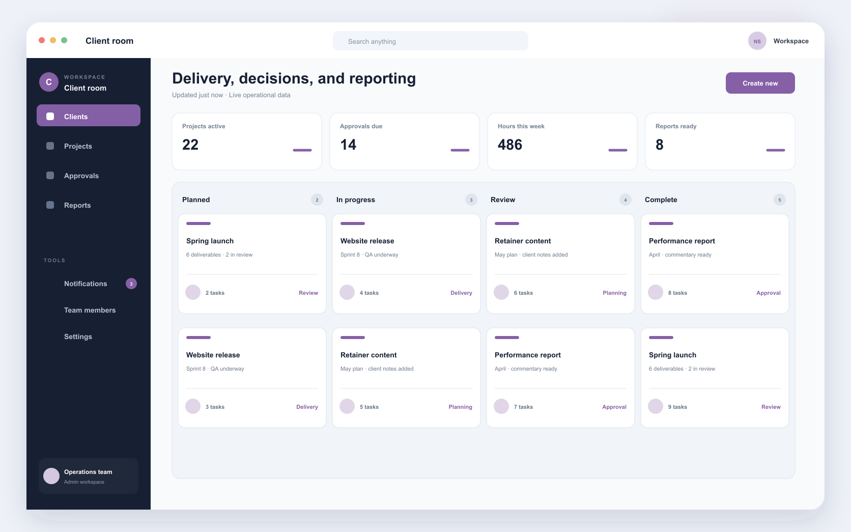 agency client portal interface showing client collaboration, approvals, and delivery reporting