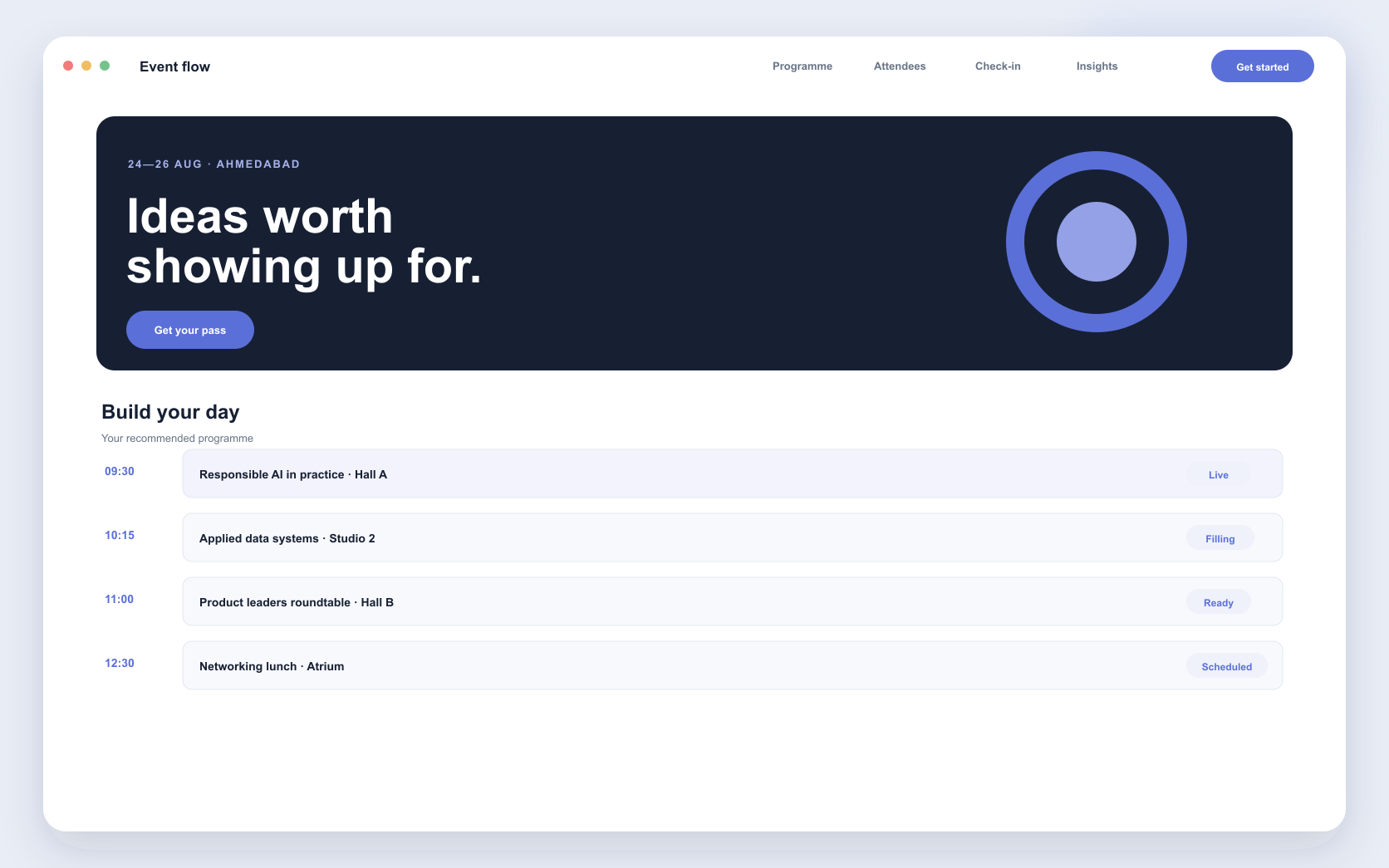 event experience platform interface showing event discovery, registration, and attendee operations