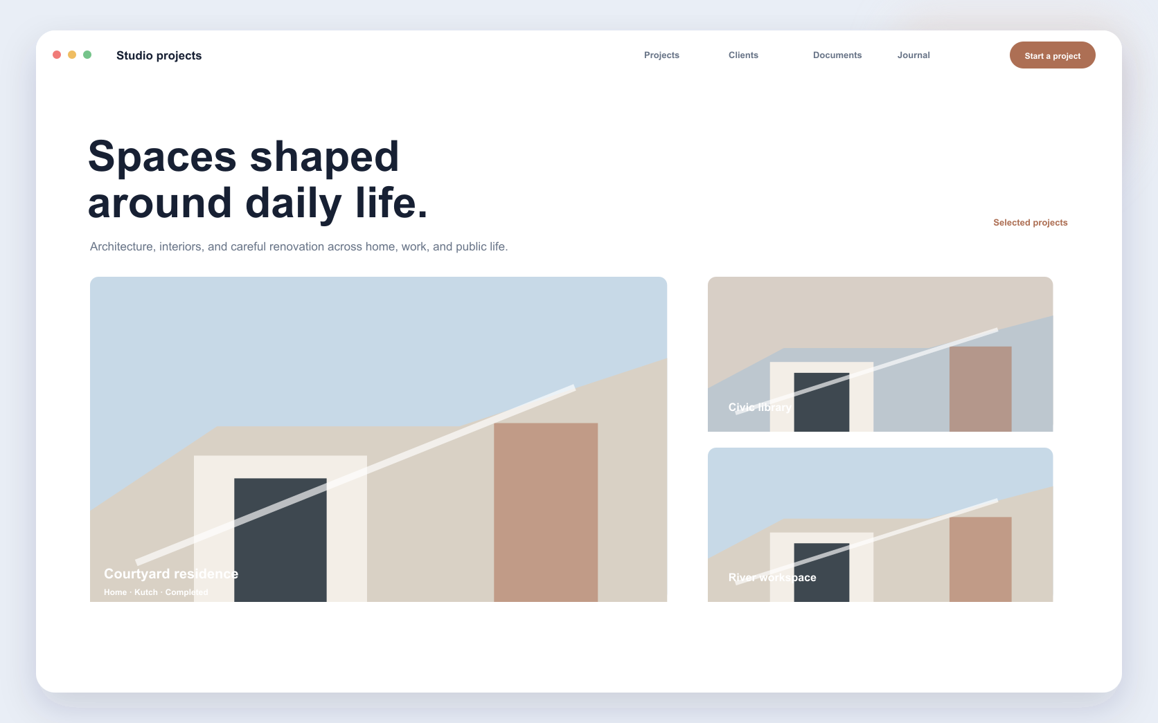Architecture portfolio interface showing an editorial project experience across selected work