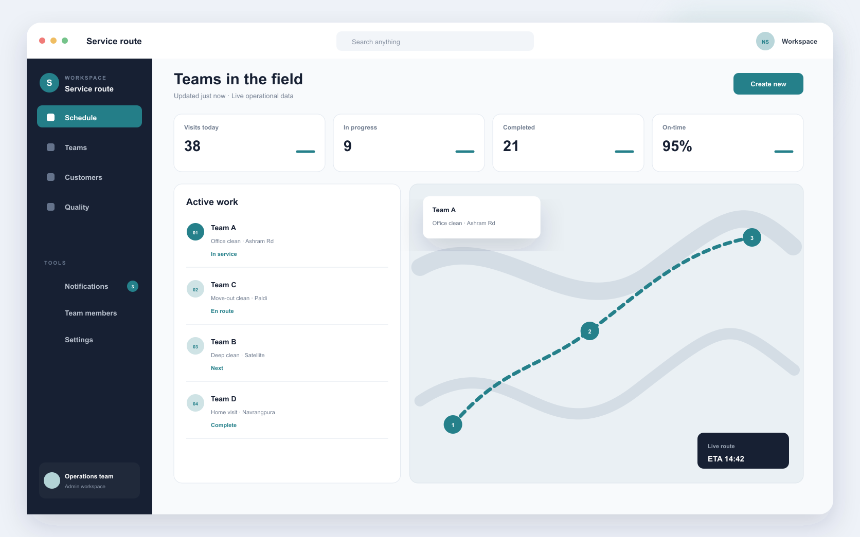 field service booking platform interface showing service booking, team scheduling, and visit evidence