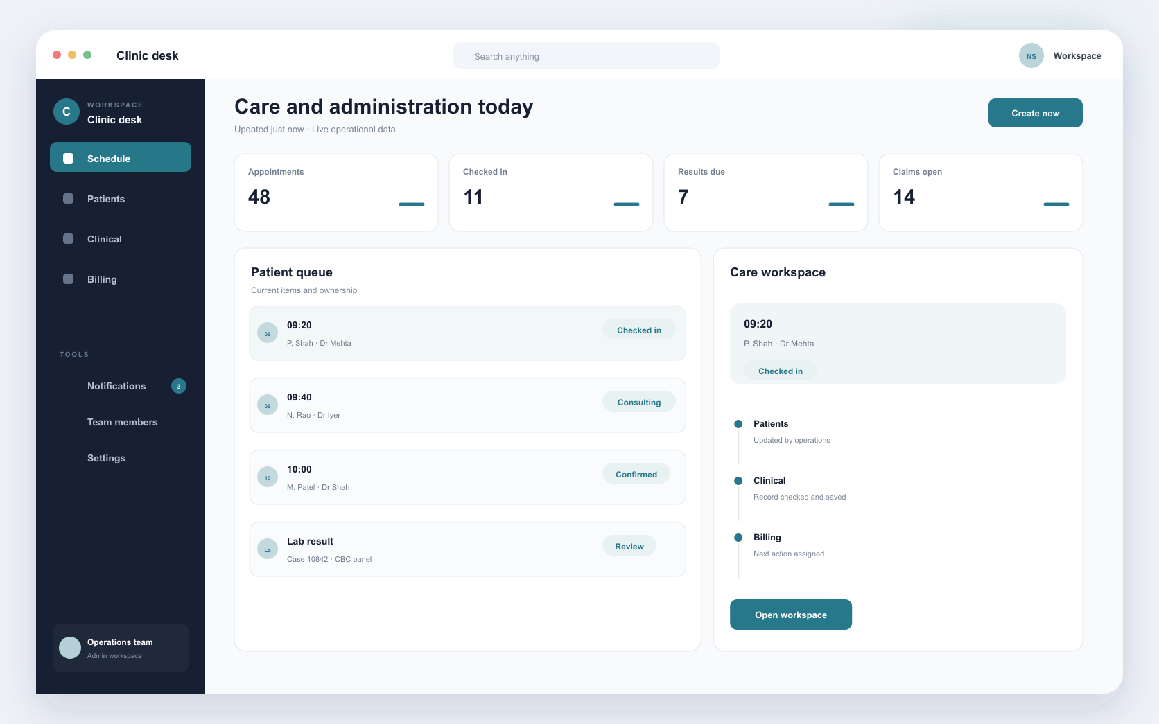 clinic operations platform interface showing patient records, clinic scheduling, and billing