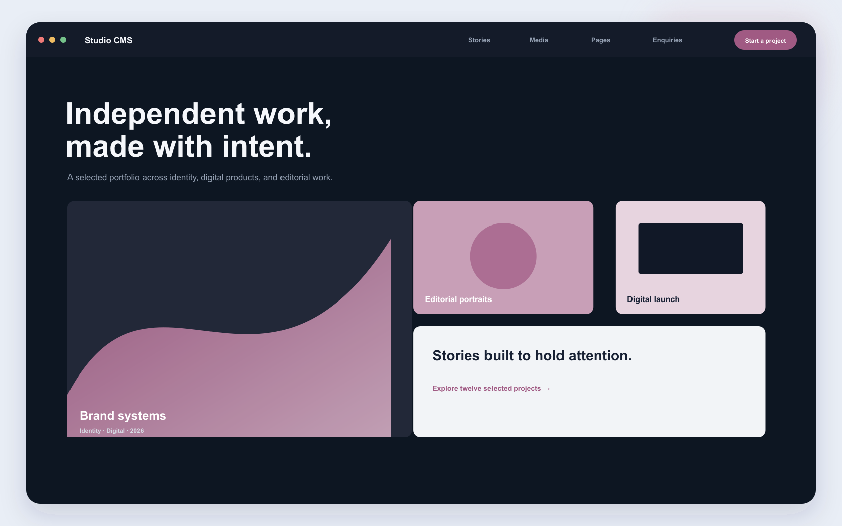 portfolio publishing platform interface showing portfolio stories, editorial publishing, and enquiry journey