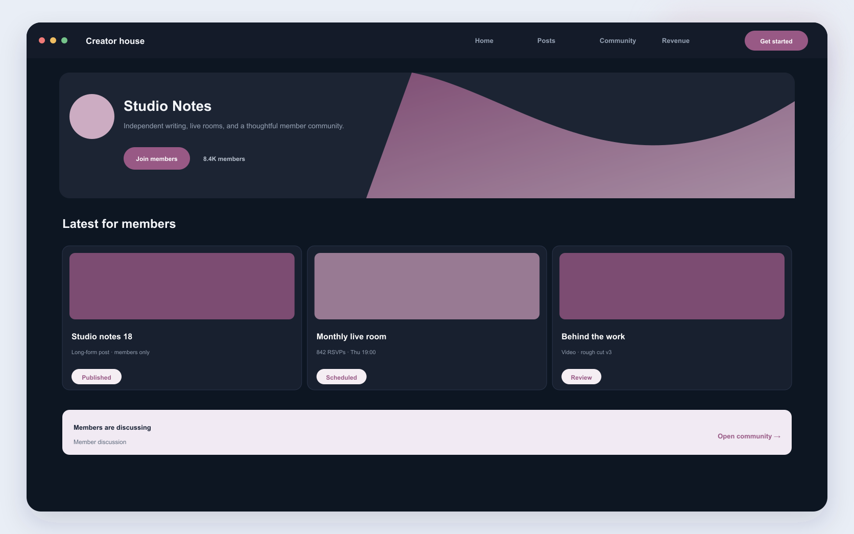 creator membership platform interface showing memberships, publishing, and creator community