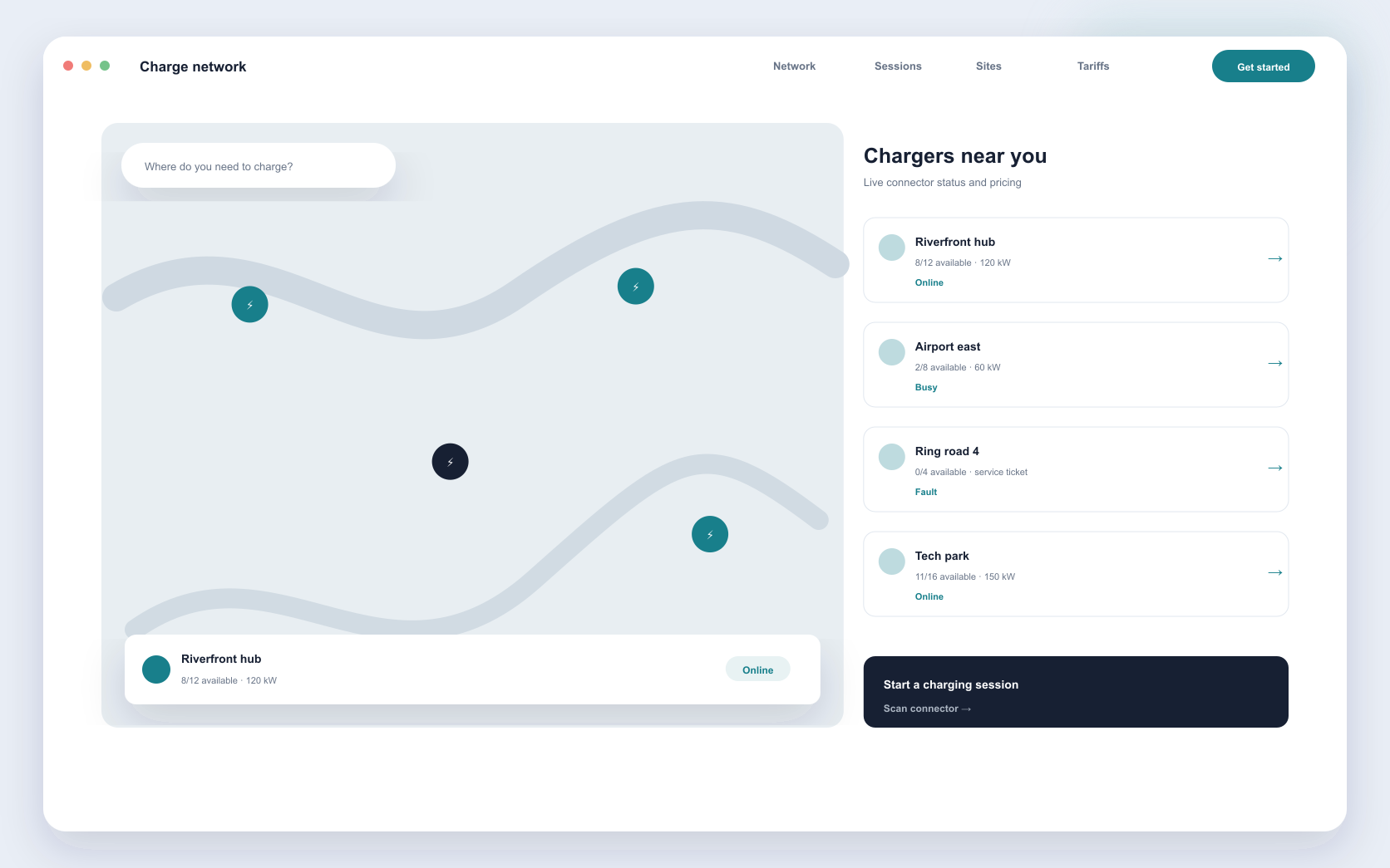 EV charging mobile experience showing nearby chargers, live availability, and session details