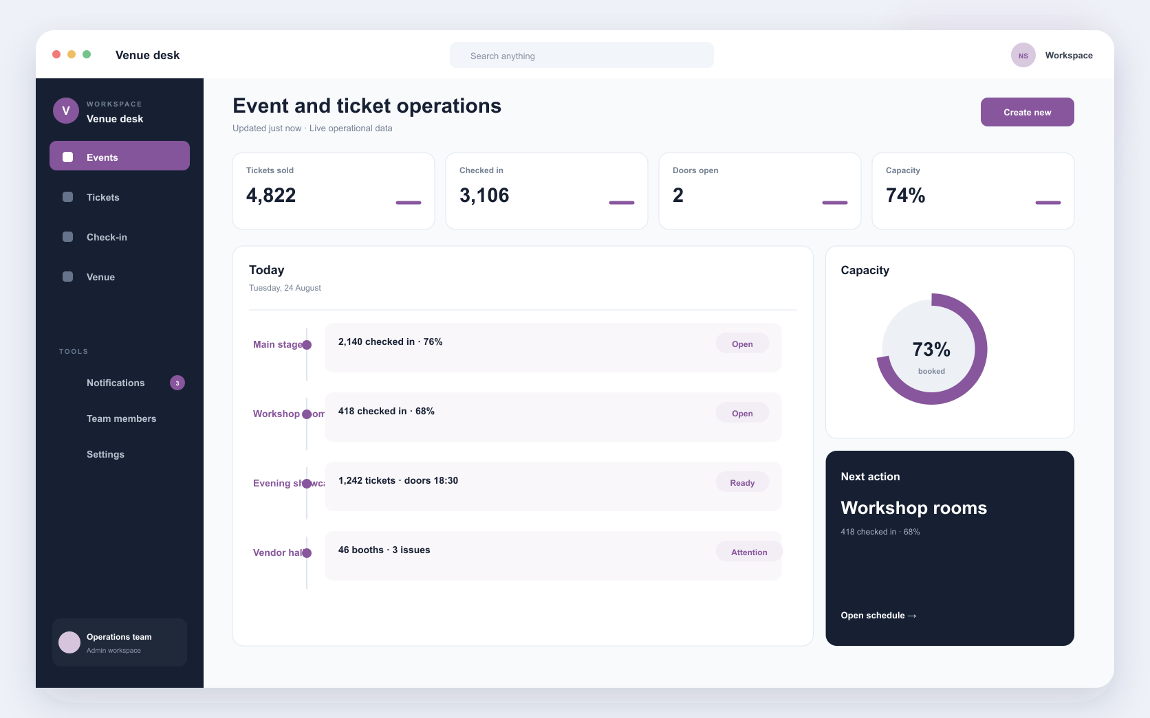 event management and ticketing platform interface showing ticketing, venue operations, and event reporting
