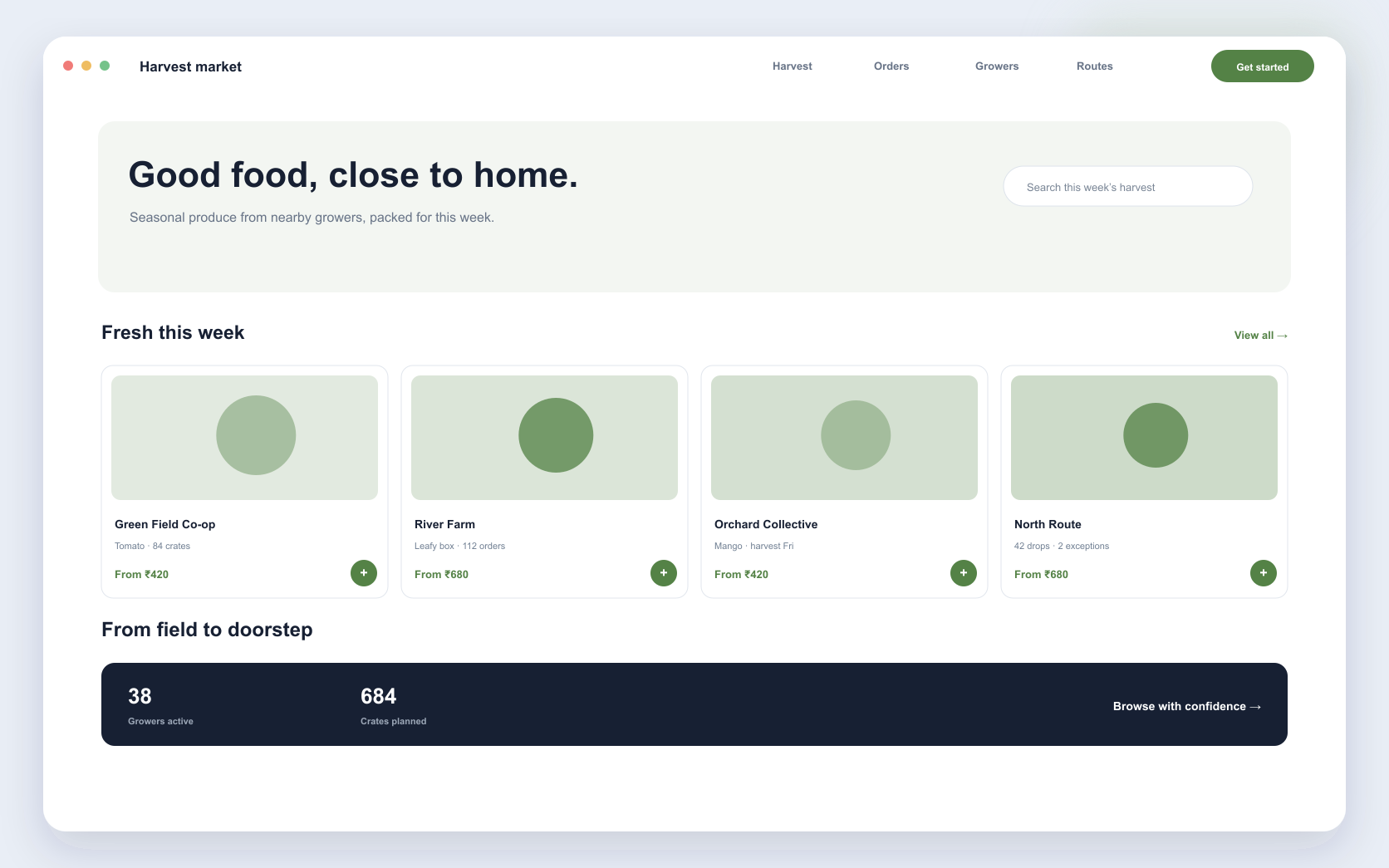 agriculture commerce platform interface showing seasonal catalogue, grower marketplace, and fulfilment planning