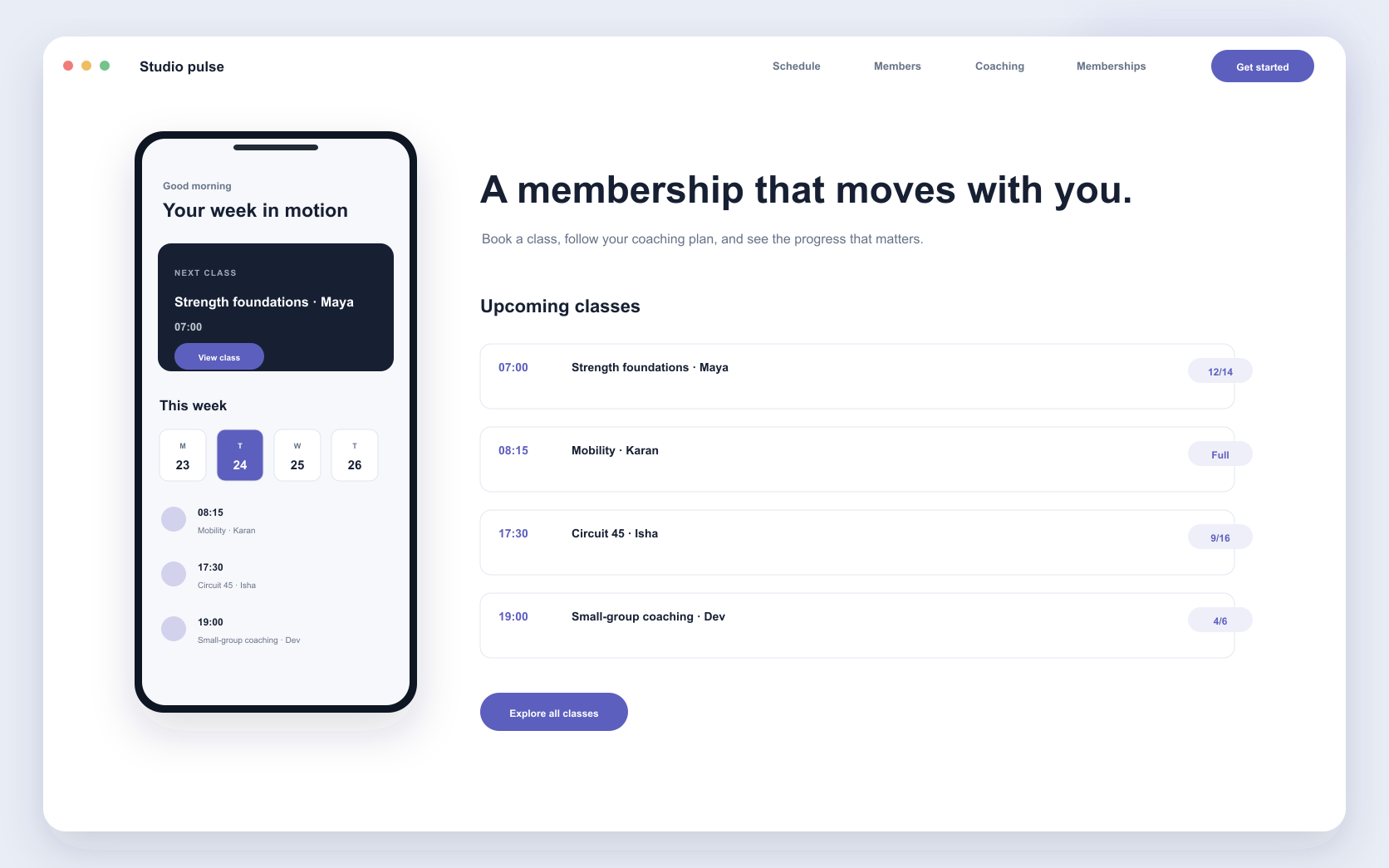 fitness membership platform interface showing memberships, class booking, and coaching progress
