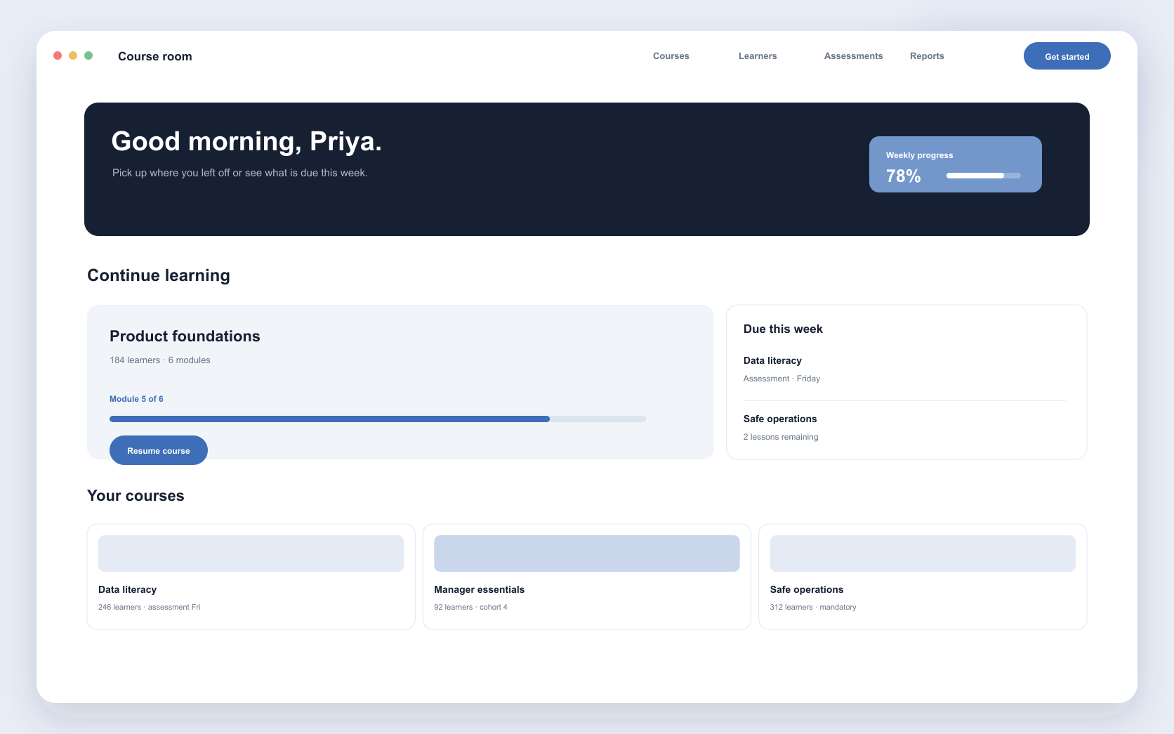 learning management platform interface showing course delivery, assessment, and learner progress