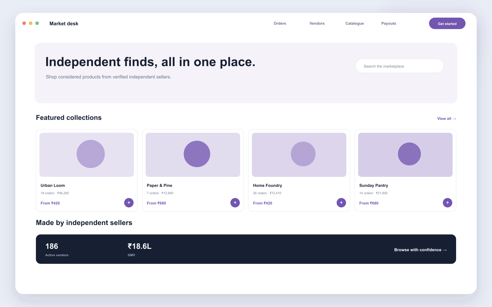 commerce marketplace interface showing vendor marketplace, checkout, and fulfilment