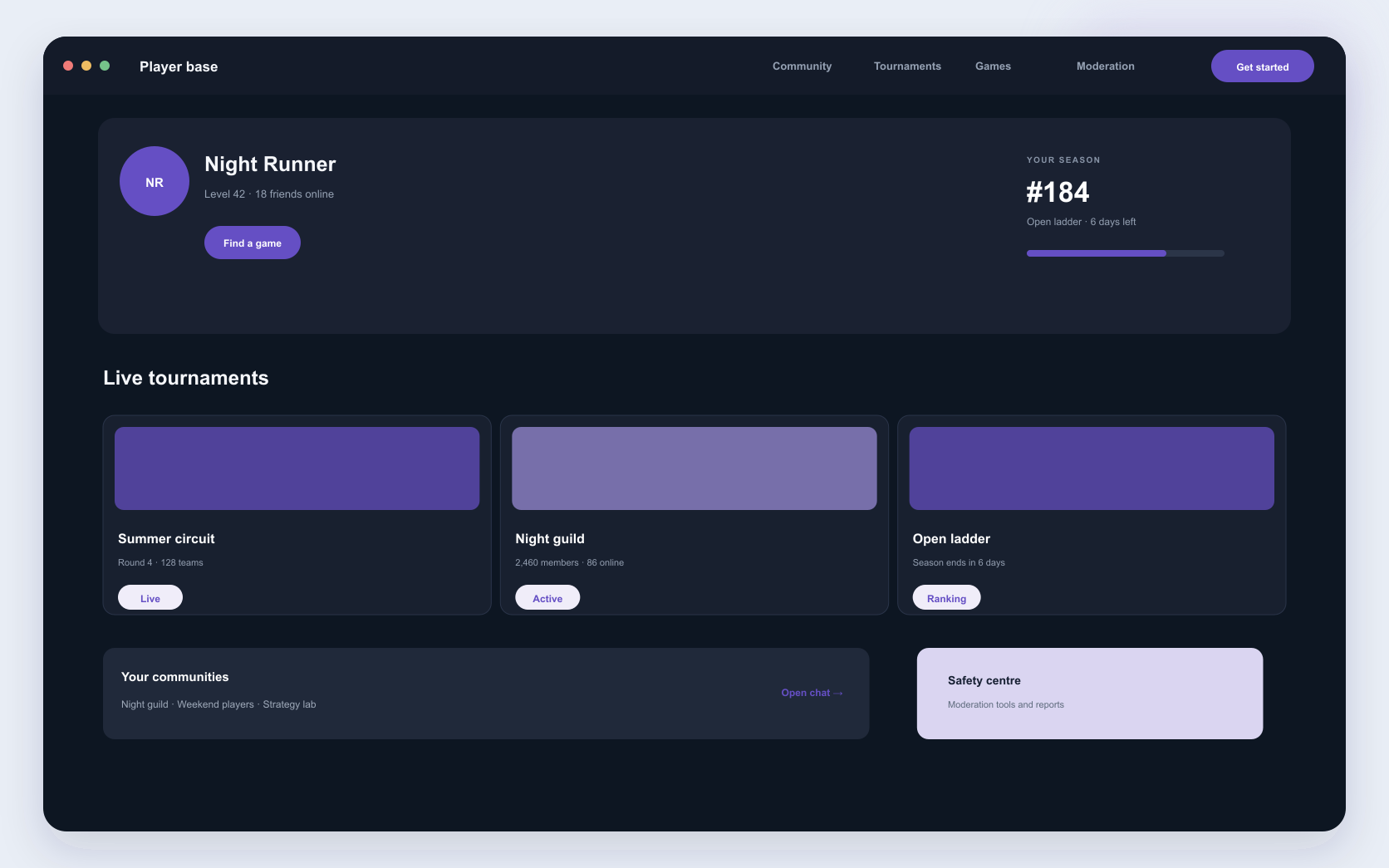 gaming community platform interface showing player community, tournaments, and moderation