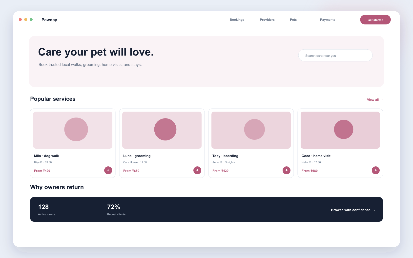 pet services marketplace interface showing pet profiles, service booking, and provider marketplace
