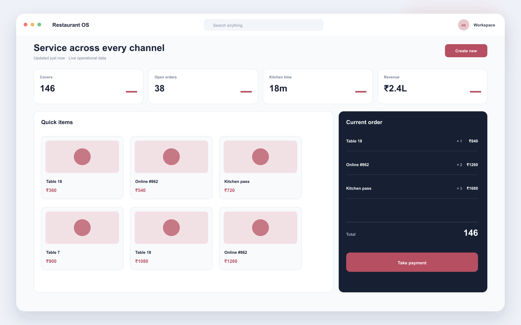 restaurant commerce platform interface showing digital menu, ordering, and kitchen operations