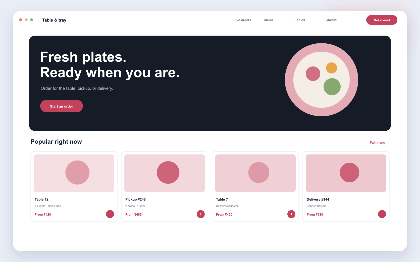 Restaurant service dashboard showing live table, pickup, delivery, and kitchen orders