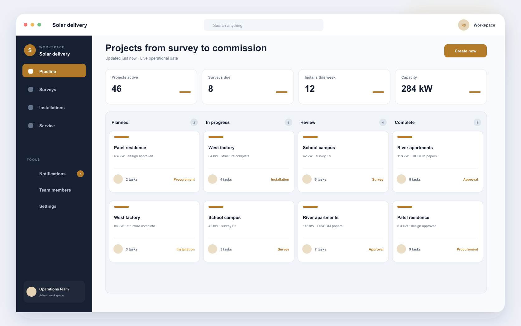 renewable project delivery platform interface showing site survey, project delivery, and commissioning