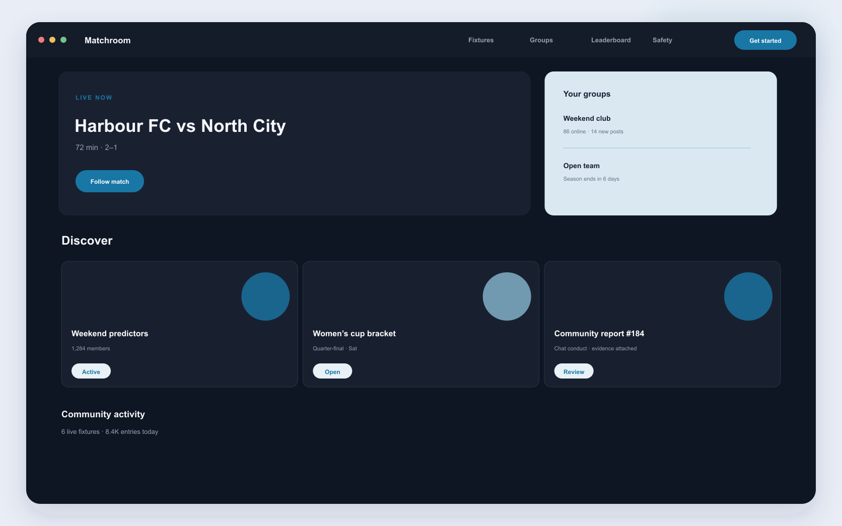 sports competition platform interface showing competition scoring, live fixtures, and community moderation