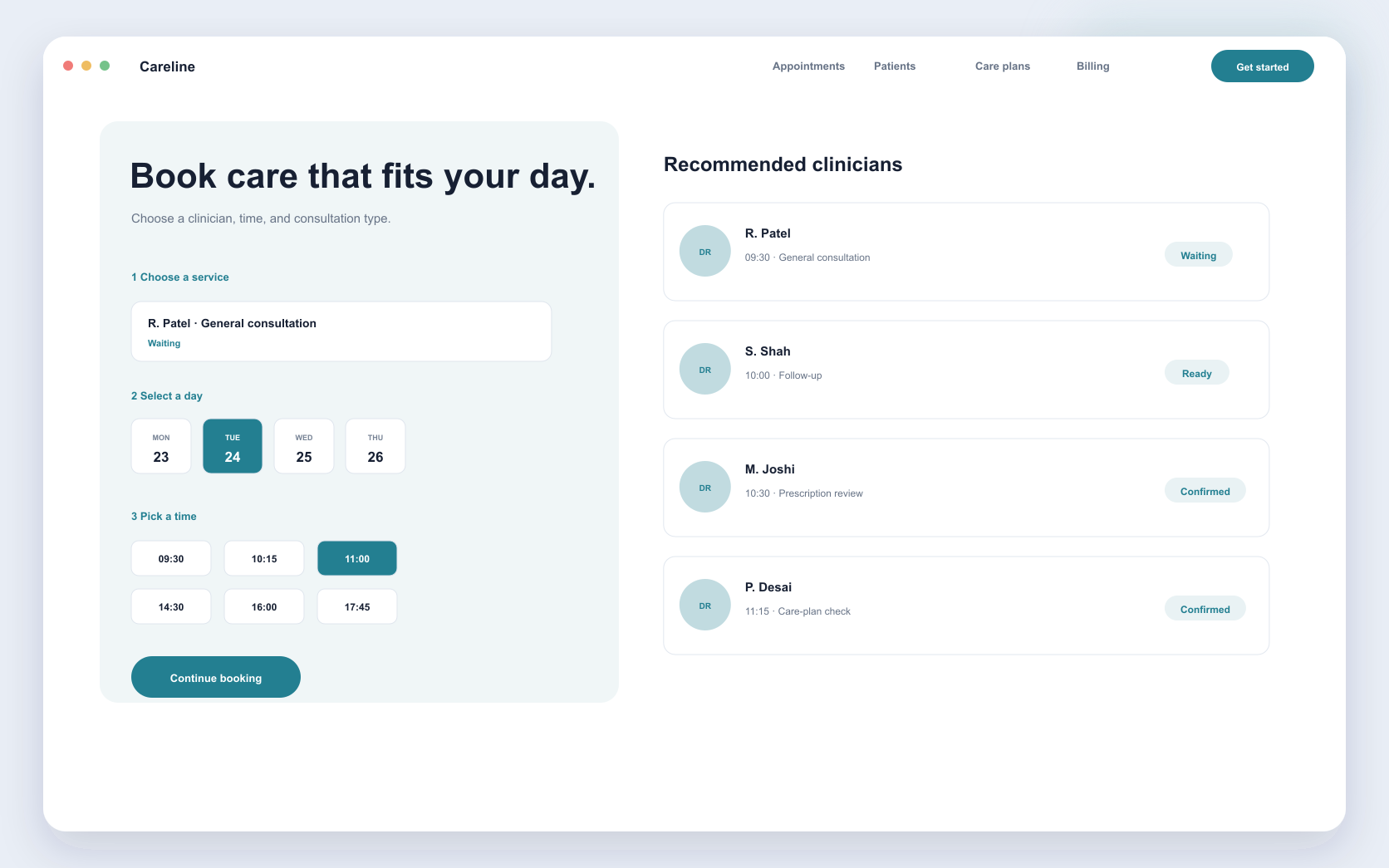 telehealth care platform interface showing patient journey, consultations, and care follow-up
