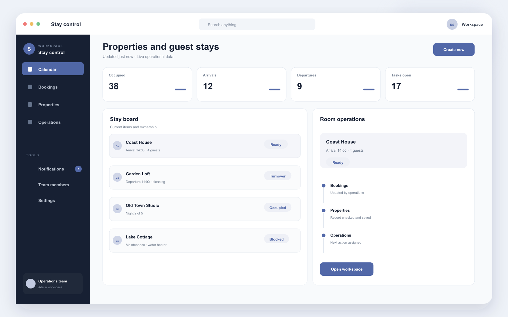 property management and booking platform interface showing direct booking, property operations, and owner reporting