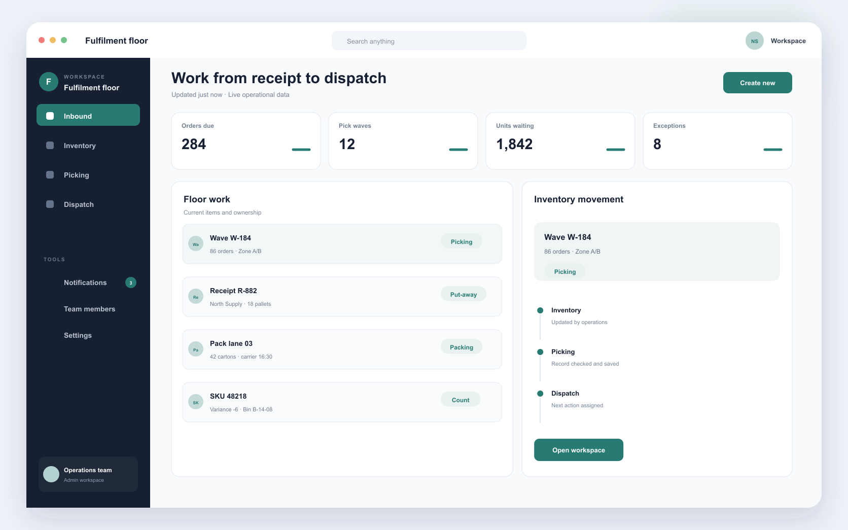 warehouse fulfilment platform interface showing warehouse inventory, pick and pack, and dispatch