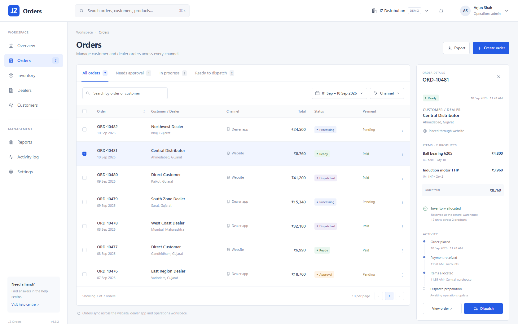 JZ Orders product interface preview with customer and dealer orders, payment status, inventory allocation and order details